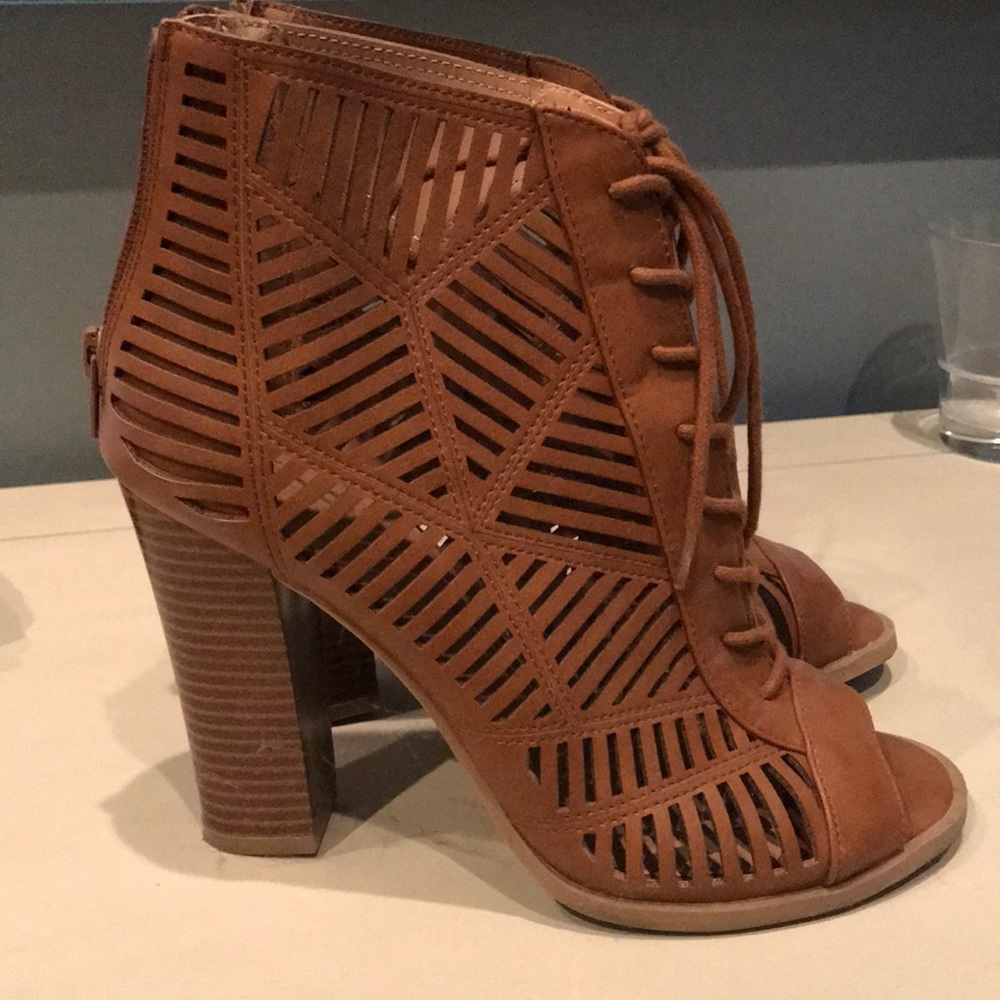 Brown laser cut open toe booties